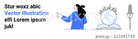 A person pointing, a globe with gears on an open book, and a corn plant. Ideal for communication, education, technology, agriculture, and innovation. Banner for landing page 121891739