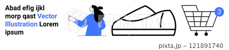 Woman pointing at text, a shoe, and a shopping cart with a notification. Ideal for e-commerce, online shopping, digital marketing, retail business, and product promotion. Banner for landing page 121891740