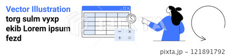 Person pointing to financial data on a spreadsheet with magnifying glass and calculator symbols. Ideal for finance, accounting, data analysis, budgeting, business management, and financial education 121891792