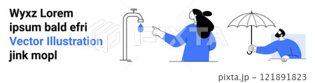 Minimalist scene with a woman turning off a dripping tap and a man holding an umbrella. Ideal for environmental awareness, water conservation, weather safety, minimalist art, education. Banner Minimalist scene with a woman turning off a dripping tap and a man holding an umbrella. Ideal for environmental awareness, water conservation, weather safety, minimalist art, education. Banner 121891823