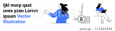 Woman pointing to text on left wall Woman with laptop sitting on the right and a Bitcoin, symbol in the center Ideal for digital marketing fintech cryptocurrency technology business web design Banner Woman pointing to text on left wall Woman with laptop sitting on the right and a Bitcoin, symbol in the center Ideal for digital marketing fintech cryptocurrency technology business web design Banner 121891844