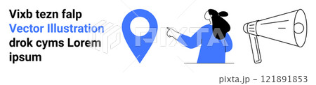Blue location pin next to a person pointing to a large megaphone. Ideal for navigation, communication, announcements, marketing, and customer engagement. Banner for landing page 121891853