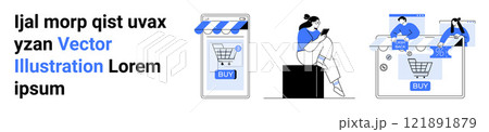 Online shopping with a mobile device and desktop computer. Ideal for e-commerce, web design, online shopping, technology, and digital marketing. Banner for landing page Online shopping with a mobile device and desktop computer. Ideal for e-commerce, web design, online shopping, technology, and digital marketing. Banner for landing page 121891879