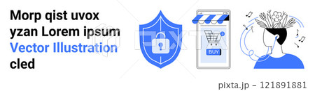 Lock icon, shopping cart in a mobile device, and a person enjoying music with floating notes Ideal for online security, ecommerce, music streaming, digital well-being, and technology apps Banner Lock icon, shopping cart in a mobile device, and a person enjoying music with floating notes Ideal for online security, ecommerce, music streaming, digital well-being, and technology apps Banner 121891881