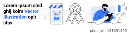 Depicts a mobile shopping app interface with a shopping cart and Euro symbol, a medal or award, a man reading reviews on a tablet, and a thumbs-up icon. Ideal for e-commerce, customer feedback 121891896