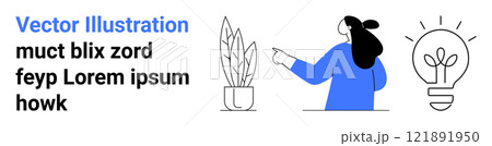Woman with ponytail pointing at a potted plant and light bulb vector. Ideal for creativity, innovation, ideas, teamwork, workspaces. Banner for landing page 121891950