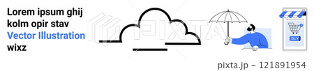 Central cloud icon with text on left, person with an umbrella on right, e-commerce storefront icon on the far right. Ideal for cloud services, online shopping, digital security, technology, and web Central cloud icon with text on left, person with an umbrella on right, e-commerce storefront icon on the far right. Ideal for cloud services, online shopping, digital security, technology, and web 121891954