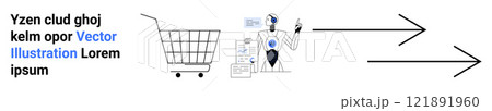 Shopping cart next to a humanoid robot with arrows pointing to the right. Ideal for technology, e-commerce, innovation, automation, shopping trends. Banner for landing page 121891960