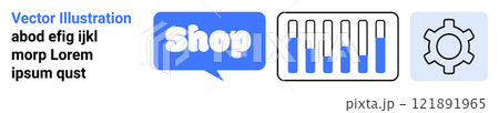 Blue and white banner with shopping icon, bar chart, and gear symbol. Ideal for e-commerce, analytics, online shopping, business management, and website optimization. Banner for landing page 121891965