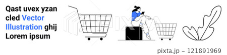 Woman sitting using phone next to shopping cart. Ideal for online shopping, e-commerce, digital marketing, mobile apps, consumer behavior. Banner for landing page Woman sitting using phone next to shopping cart. Ideal for online shopping, e-commerce, digital marketing, mobile apps, consumer behavior. Banner for landing page 121891969