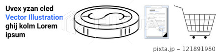 Coin, document, and shopping cart on white background. Ideal for finance, online shopping, e-commerce, transactions, and financial documents. Banner for landing page 121891980