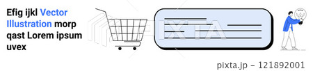 A shopping cart, text box, and a person using a magnifying glass with placeholder text. Ideal for e-commerce, online stores, user experience, customer support, and web design. Banner for landing page 121892001