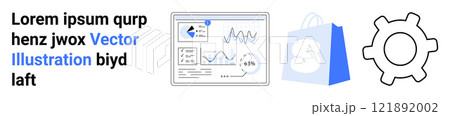 E-commerce metrics dashboard, shopping bag, and gear icon. Ideal for digital marketing, online business strategies, data analysis, e-commerce management, and tech solutions. Landing page 121892002