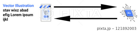 Depicts data transfer between a storefront device and an AI processor using arrows. Ideal for technology automation, data exchange, online retail, AI integration, and e-commerce. Banner for landing Depicts data transfer between a storefront device and an AI processor using arrows. Ideal for technology automation, data exchange, online retail, AI integration, and e-commerce. Banner for landing 121892003