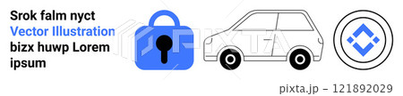 Car with a blue security lock and a cryptocurrency icon. Ideal for security, automotive, cryptocurrency, blockchain and technology. Banner for landing page Car with a blue security lock and a cryptocurrency icon. Ideal for security, automotive, cryptocurrency, blockchain and technology. Banner for landing page 121892029