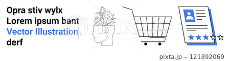 A side profile with plants growing from the head, a shopping cart, and a rating review with text. Ideal for e-commerce, digital marketing, product reviews, mental growth, and online shopping. Banner 121892069