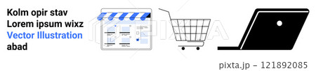 A storefront icon with a striped awning a shopping cart icon and a laptop icon. Ideal for e-commerce online shopping digital marketing business technology and web development. Banner for landing page A storefront icon with a striped awning a shopping cart icon and a laptop icon. Ideal for e-commerce online shopping digital marketing business technology and web development. Banner for landing page 121892085