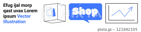 Three parts depict a web interface with text, a blue shop speech bubble, and a rising graph. Ideal for e-commerce web design online business product marketing sales analytics. Banner for landing page Three parts depict a web interface with text, a blue shop speech bubble, and a rising graph. Ideal for e-commerce web design online business product marketing sales analytics. Banner for landing page 121892105