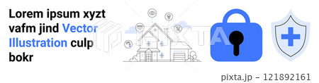 Lock and shield symbols next to a house with technology icons. Ideal for security, technology, protection, smart home, and cybersecurity themes. Banner for landing page 121892161