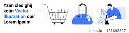 Shopping cart, blue handbag with price tag, and person holding shopping bags. Ideal for e-commerce, retail, online shopping, digital marketing, and advertising. Banner for landing page 121892227