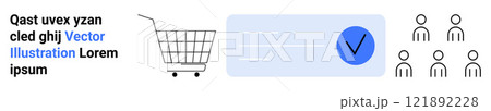 Shopping cart and approval badge near abstract group of people and dummy text. Ideal for e-commerce, verification, social connections, marketing, and online services. Banner for landing page 121892228