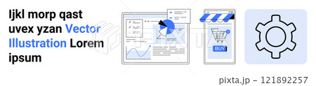 Chart and graph analysis, online shopping cart on mobile device, gear icon for settings. Ideal for e-business, data analytics, mobile commerce, technology, digital marketing. Banner for landing page Chart and graph analysis, online shopping cart on mobile device, gear icon for settings. Ideal for e-business, data analytics, mobile commerce, technology, digital marketing. Banner for landing page 121892257
