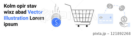 Shopping cart, coins, and a credit card illustrate e-commerce and digital transactions. Ideal for online shopping, payment processing, financial transactions, digital marketing, and retail. Banner Shopping cart, coins, and a credit card illustrate e-commerce and digital transactions. Ideal for online shopping, payment processing, financial transactions, digital marketing, and retail. Banner 121892268