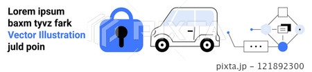 Featuring a blue lock, a white car, and an electric charging connector, this design emphasizes vehicle security, electric vehicles, technology integration, and sustainable transportation. Ideal 121892300