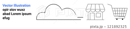 Black and white minimalist vector showing a cloud, storefront, and shopping cart. Ideal for e-commerce, cloud computing, online retail, shopping services, and internet technology. Banner for landing Black and white minimalist vector showing a cloud, storefront, and shopping cart. Ideal for e-commerce, cloud computing, online retail, shopping services, and internet technology. Banner for landing 121892325
