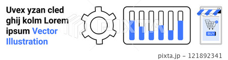 Gear symbol, bar graph, and online store icon with placeholder text in bold. Ideal for technology, analytics, commerce, business presentations, and web design. Banner for landing page 121892341