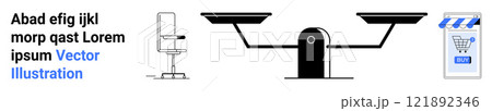 Black and white balanced scales representing equality and justice. Shopping cart on the right side symbolizes e-commerce. Ideal for legal, online shopping, balance, justice, and commercial themes Black and white balanced scales representing equality and justice. Shopping cart on the right side symbolizes e-commerce. Ideal for legal, online shopping, balance, justice, and commercial themes 121892346