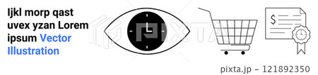 Simple design showing an eye with a clock, a shopping cart, and a certificate with a ribbon. Ideal for time management, e-commerce, certifications, business, and marketing. Banner for landing page 121892350