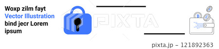 Depicts a blue lock and a white wallet with coins and a credit card. Ideal for online security, payment protection, cybersecurity, secure transactions, and financial safety. Banner for landing page Depicts a blue lock and a white wallet with coins and a credit card. Ideal for online security, payment protection, cybersecurity, secure transactions, and financial safety. Banner for landing page 121892363