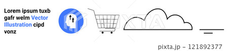Blue circular icon with a human head and arrows, a shopping cart, a cloud, and horizontal lines. Ideal for e-commerce, cloud computing, user experience design, digital marketing, and technology Blue circular icon with a human head and arrows, a shopping cart, a cloud, and horizontal lines. Ideal for e-commerce, cloud computing, user experience design, digital marketing, and technology 121892377