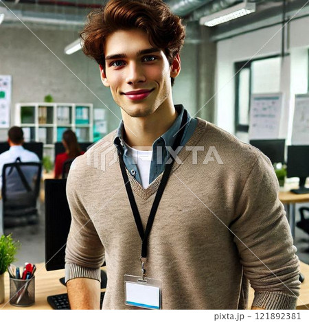 オフィスで働く新卒1年目のイケメン男性写真 121892381