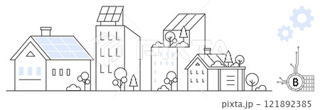 Various buildings with solar panels, trees, and eco-friendly elements. Modern cityscape with clean energy focus. Ideal for sustainability, eco-living, renewable energy, green architecture, urban 121892385