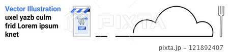 Shopping cart with online store icon, black cloud outline, fork icon. Ideal for online shopping, cloud services, food service, digital marketing, technology. Banner for landing page 121892407