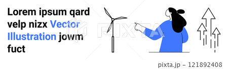 Woman in blue top pointing at wind turbine with upward arrows symbolizing growth and progress. Ideal for renewable energy, sustainability, innovation, environmental awareness, clean energy. Banner 121892408
