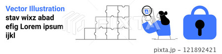 Woman observing puzzle pieces through a magnifying glass, with a large lock symbol. Ideal for mental health, problem-solving, observation, security, and solutions. Banner for landing page 121892421