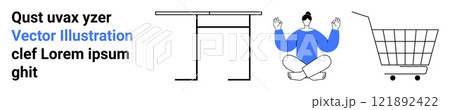 Minimalistic design shows text, a table, a person meditating, and a shopping cart. Ideal for wellness, e-commerce, minimalism, productivity, and online services. Banner for landing page Minimalistic design shows text, a table, a person meditating, and a shopping cart. Ideal for wellness, e-commerce, minimalism, productivity, and online services. Banner for landing page 121892422