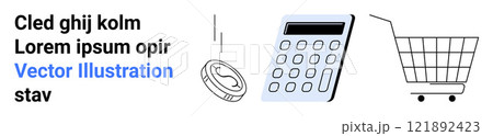 Includes a shopping cart, coin, and calculator with text and symbols. Ideal for e-commerce, financial management, online shopping, budgeting, and retail business. Banner for landing page Includes a shopping cart, coin, and calculator with text and symbols. Ideal for e-commerce, financial management, online shopping, budgeting, and retail business. Banner for landing page 121892423