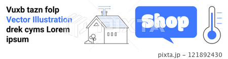 A home with solar panels, a blue shop speech bubble, and a thermometer. Ideal for e-commerce, renewable energy, smart home, technology, eco-friendly lifestyle. Banner for landing page A home with solar panels, a blue shop speech bubble, and a thermometer. Ideal for e-commerce, renewable energy, smart home, technology, eco-friendly lifestyle. Banner for landing page 121892430