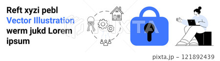 Text on the left, technology icons in the center including gears, a house, a padlock, and a person on a laptop on the right. Ideal for cybersecurity, remote work, technology, data protection Text on the left, technology icons in the center including gears, a house, a padlock, and a person on a laptop on the right. Ideal for cybersecurity, remote work, technology, data protection 121892439