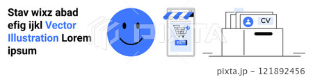Simplified image featuring a happy face, a shopping cart icon on a storefront, and organized documents labeled CV in a drawer. Ideal for online shopping, digital marketing, e-commerce, document Simplified image featuring a happy face, a shopping cart icon on a storefront, and organized documents labeled CV in a drawer. Ideal for online shopping, digital marketing, e-commerce, document 121892456