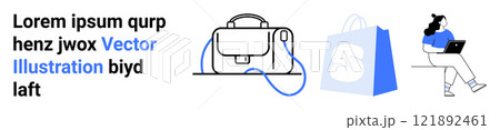 Text placeholder with bag illustration, shopping bag, and person using a laptop. Ideal for e-commerce, online shopping, digital lifestyle, marketing promotions, online stores. Landing page Text placeholder with bag illustration, shopping bag, and person using a laptop. Ideal for e-commerce, online shopping, digital lifestyle, marketing promotions, online stores. Landing page 121892461