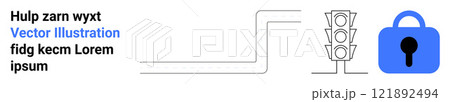 Road and traffic light with a blue lock symbol on a white background. Ideal for themes of digital security technology web development and online safety. Banner for landing page Road and traffic light with a blue lock symbol on a white background. Ideal for themes of digital security technology web development and online safety. Banner for landing page 121892494
