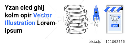 Stack of coins, a launching rocket, and a mobile screen with a shopping cart into banner. Ideal for online retail, e-commerce strategies, financial investment, business growth, technology innovation 121892556