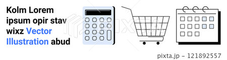 Calculator shopping cart and calendar next to placeholder text. Ideal for finance scheduling e-commerce budgeting and productivity. Banner for landing page 121892557