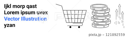 A shopping cart next to a stack of coins with upward arrows. Ideal for e-commerce, financial growth, investment, online shopping, and business success themes. Banner for landing page 121892559
