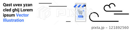 Mobile phone with a shopping app and a shopping cart icon. Ideal for e-commerce, online shopping, mobile apps, digital marketing, and retail technology. Banner for landing page 121892560